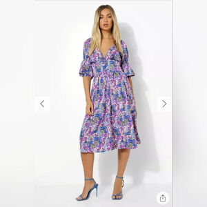 FLORAL PLUNGE NECK MIDI DRESS